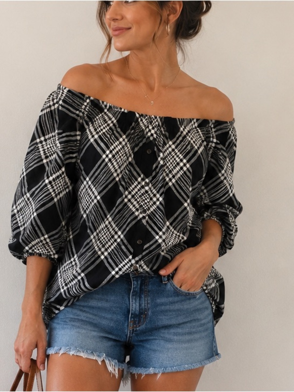 Maurices Blouse Womens Size S Black White Plaid Off Shoulder Button Front